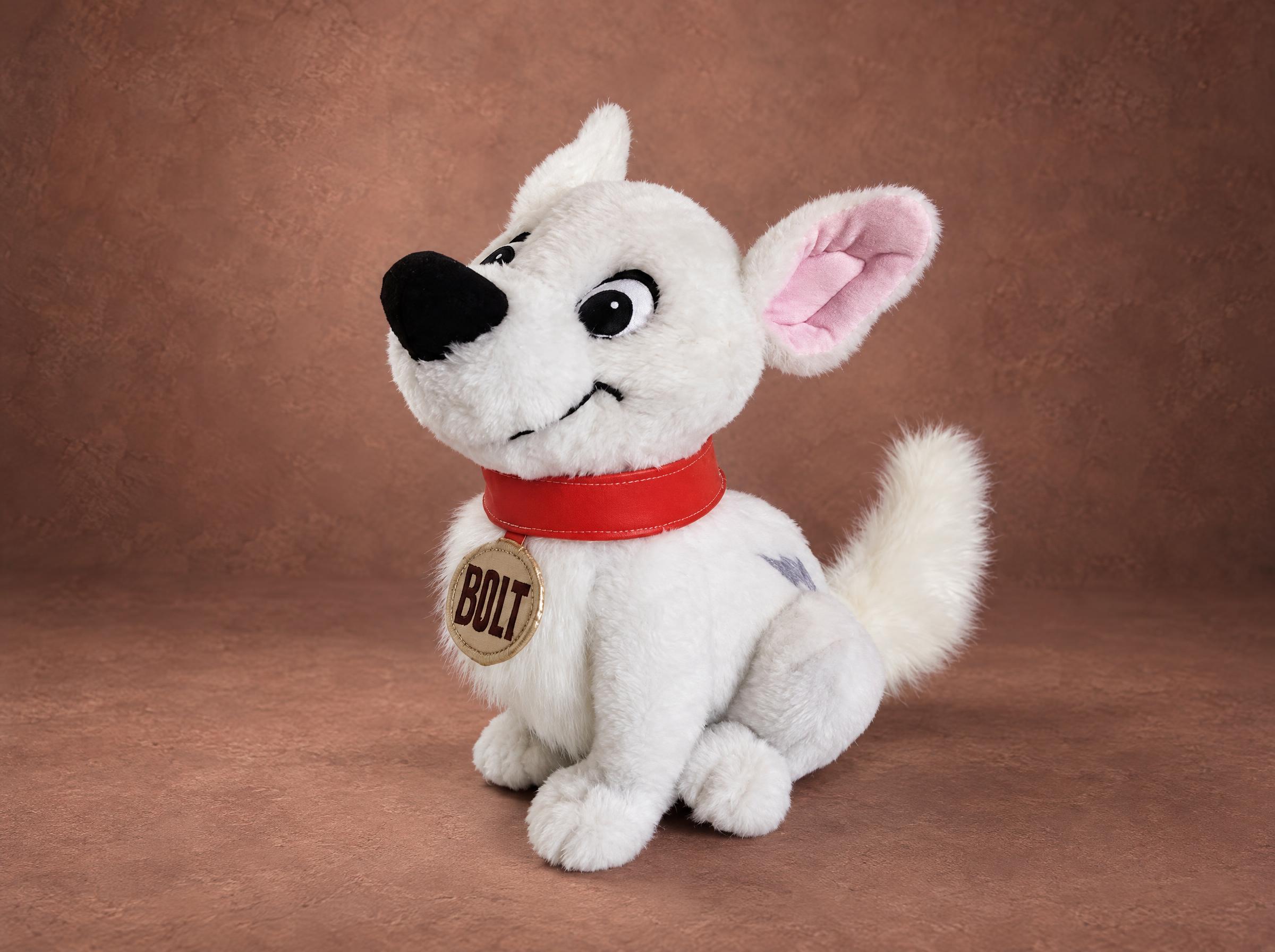 Bolt plush from the Disney film: white faux fur, red collar and gold BOLT tag, handmade to order