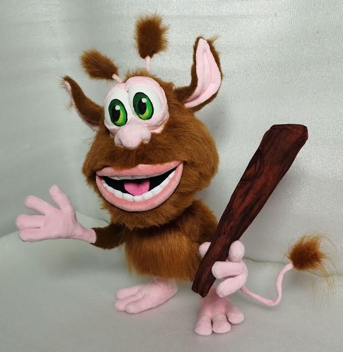 Brown Booba plush with a club Brown Booba plush holding a wooden-looking club, green eyes and furry antennae, handmade Booba toy to order