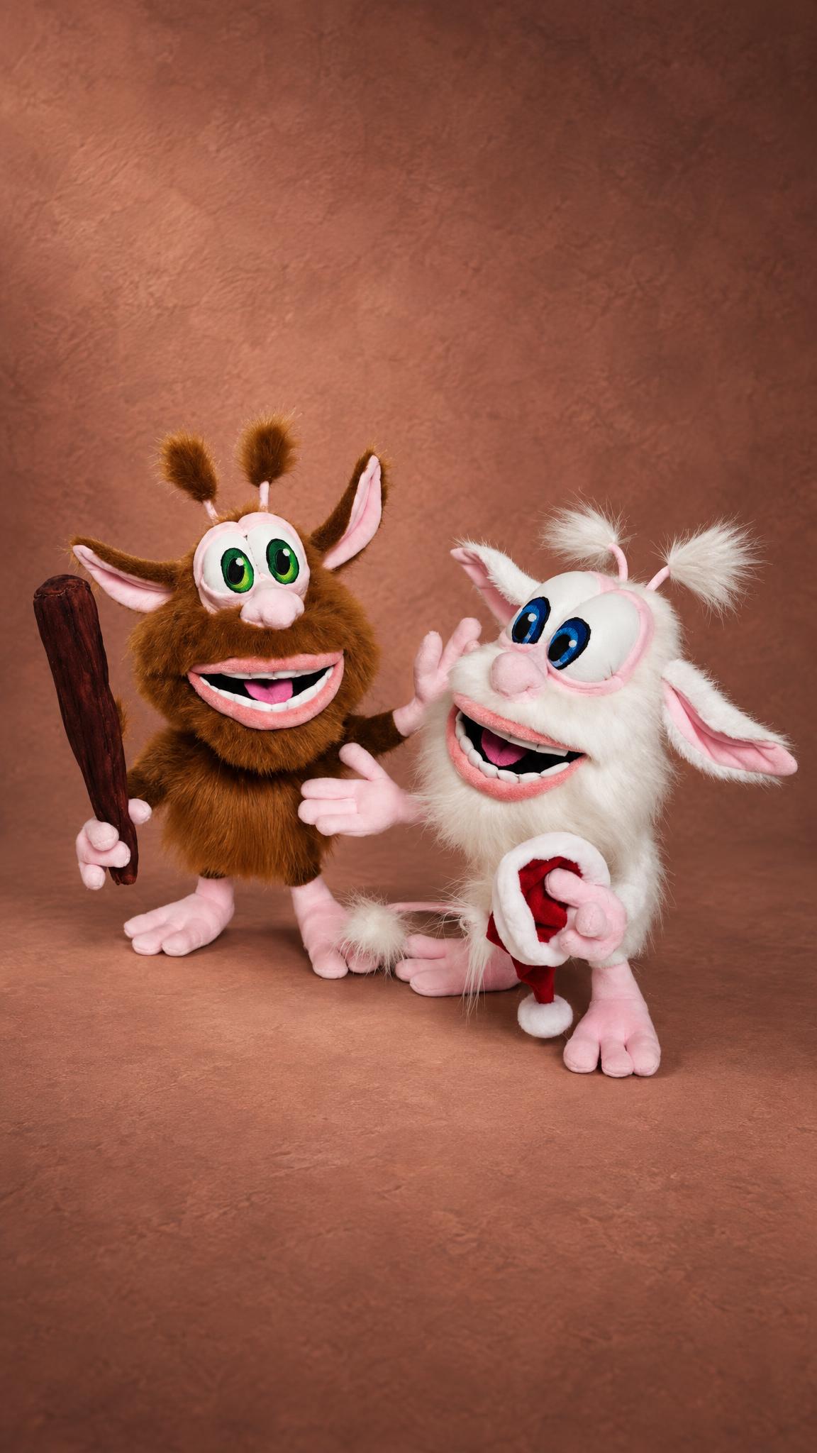 Custom Booba plush pair with faux fur, big open grins, pink hands and antennae, sewn by hand to order