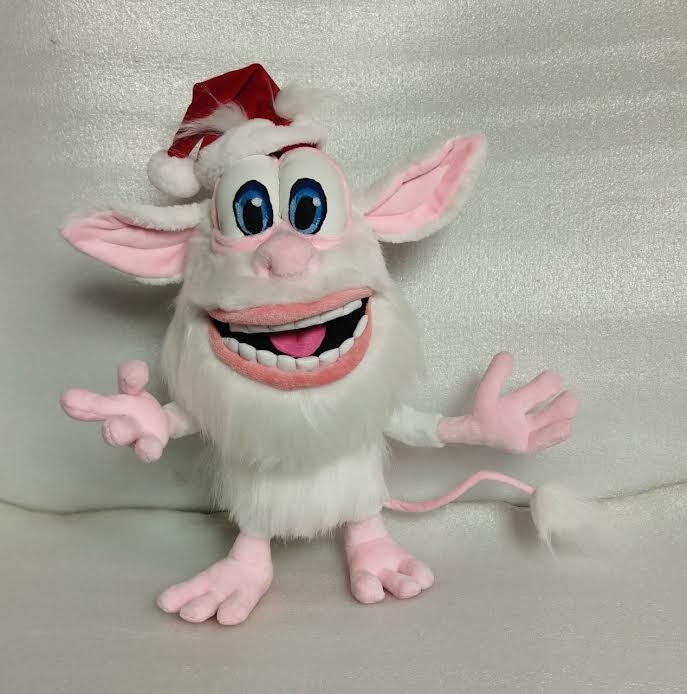 White Booba plush in a Santa hat White Booba plush in a red Santa hat, long faux fur, blue eyes and wide grin, custom cartoon toy made to order