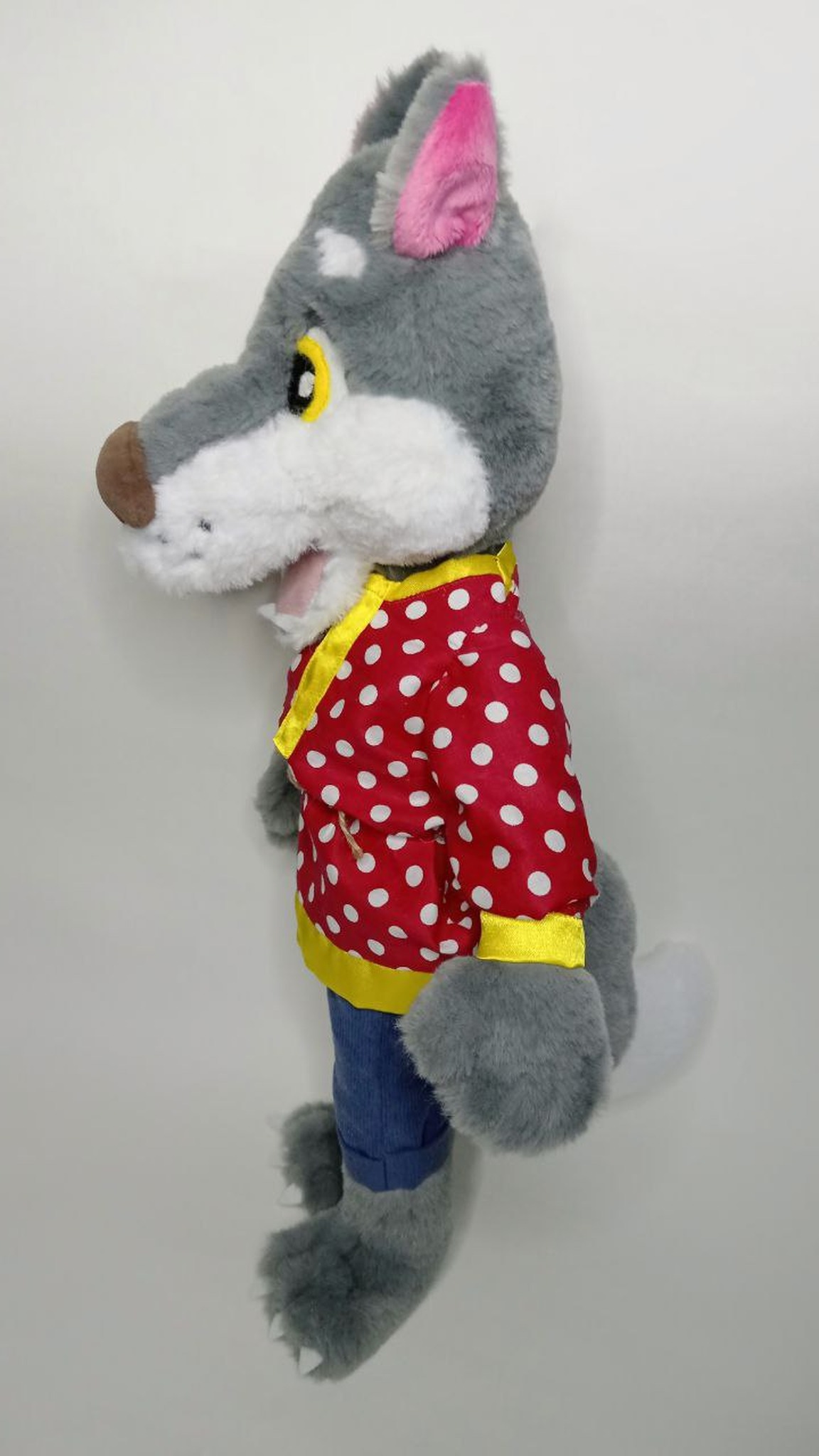 Book character wolf plush, handmade to order: long white muzzle, brown nose, pink tongue, yellow placket
