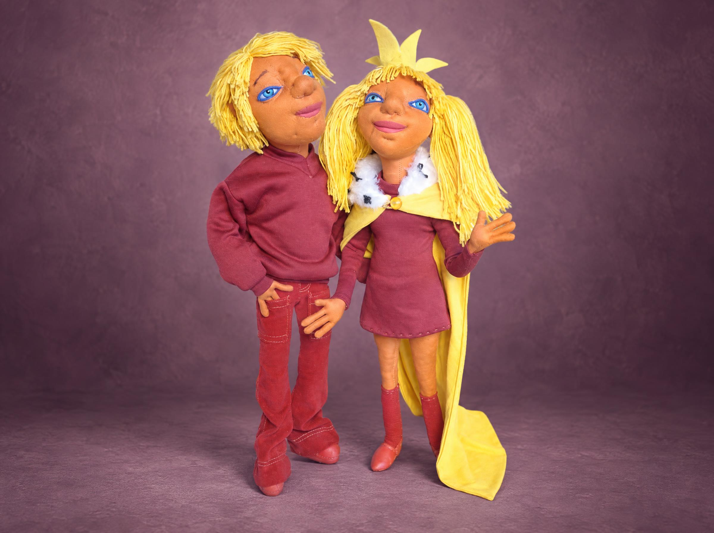 Bremen Town Musicians toy dolls: the Troubadour and the Princess with yellow yarn hair, handmade to order