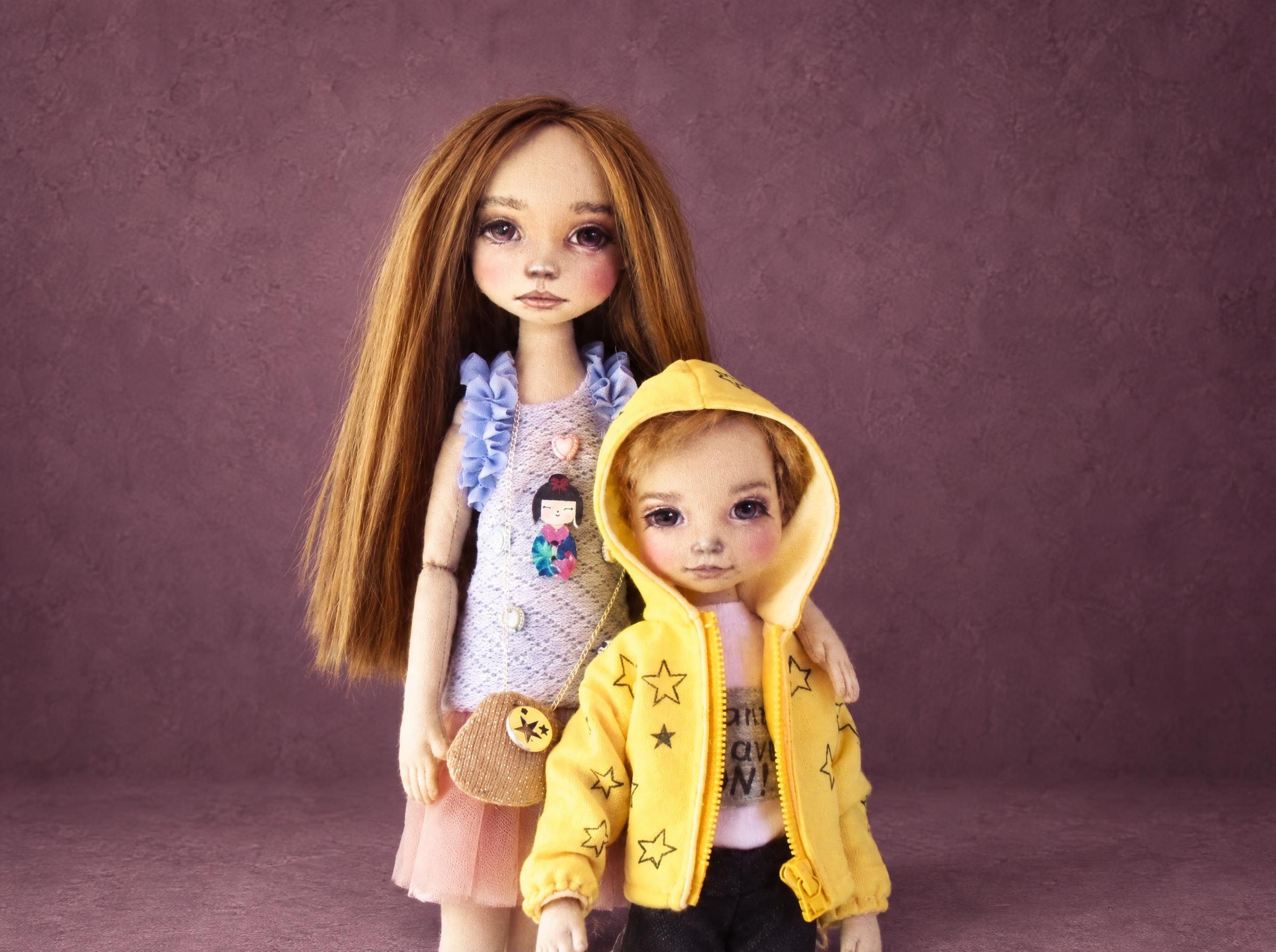 Brother and sister portrait dolls: a girl with long auburn hair and a boy in a yellow star hoodie, made to order