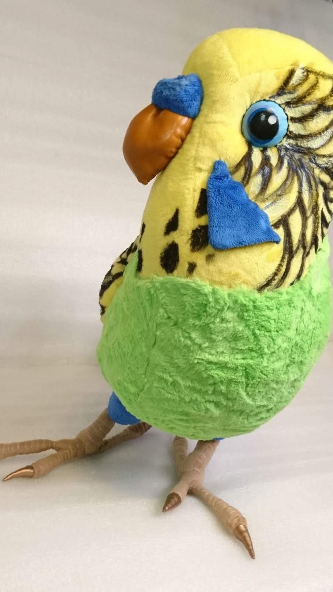 Budgie plush with an orange sculpted beak, blue cere and hand-drawn head stripes, made to order