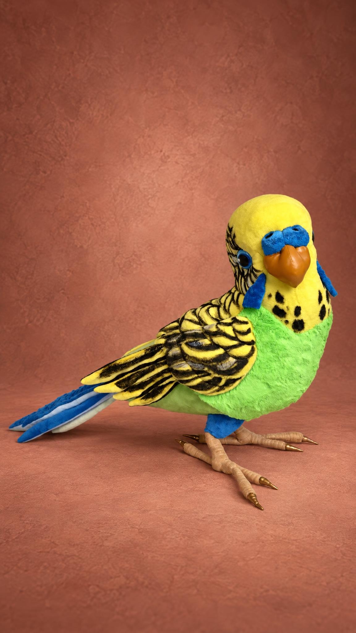 Custom budgie plush with black wing markings, blue cheeks and gold-tipped claws, handmade to order