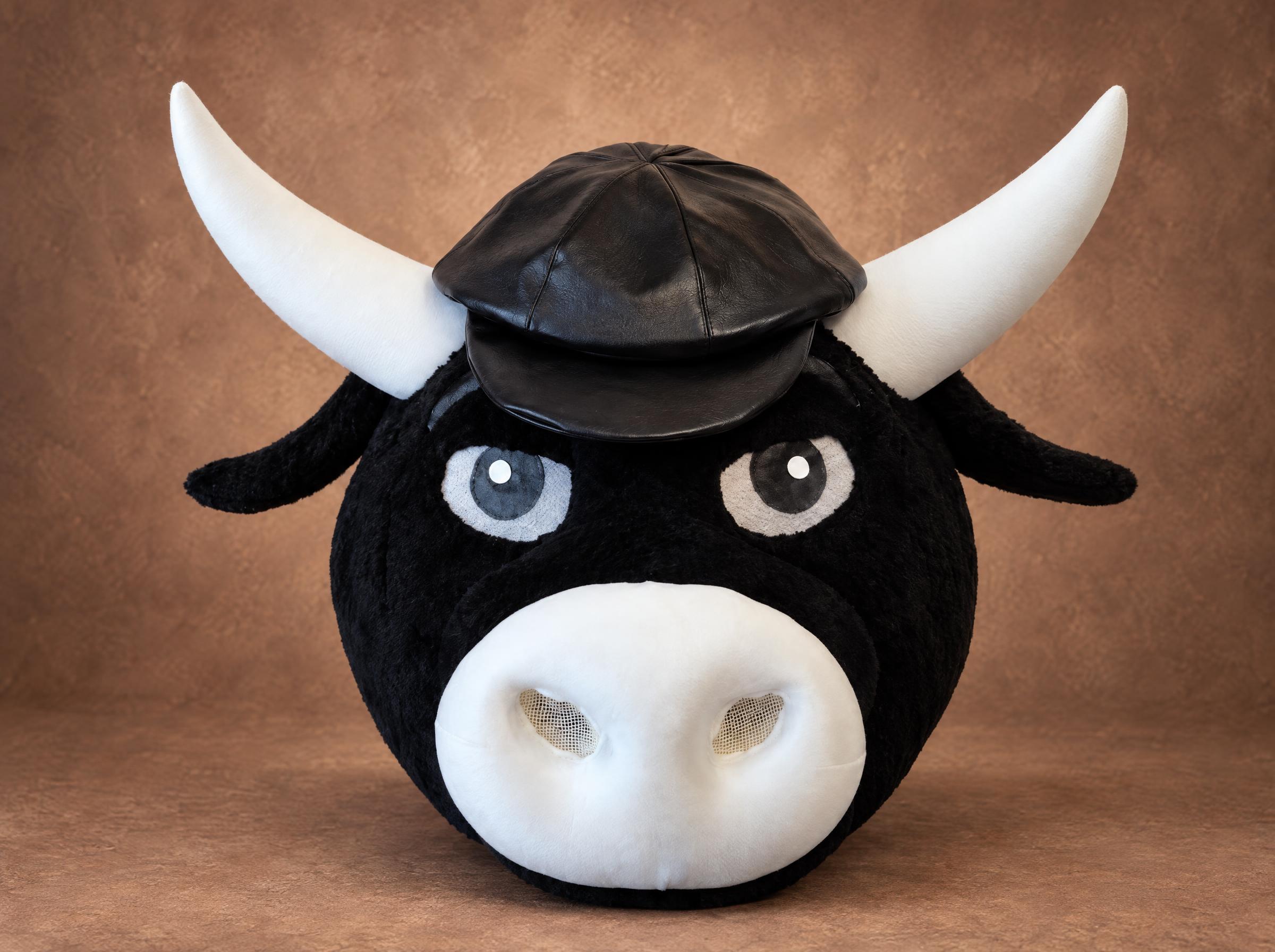 Plush bull costume head in black plush with long white horns, a big white snout and a flat cap, made to order