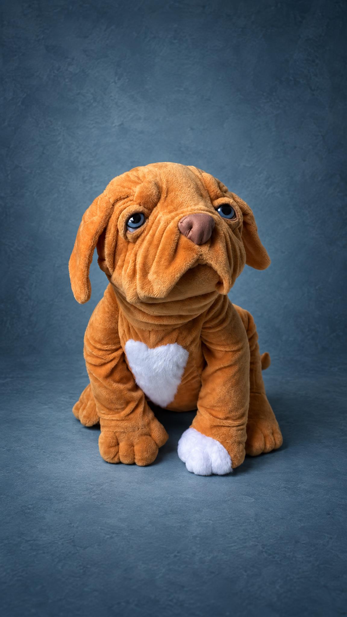 Handmade bullmastiff stuffed animal sewn to order from a real dog: blue eyes, brown nose, long floppy ears