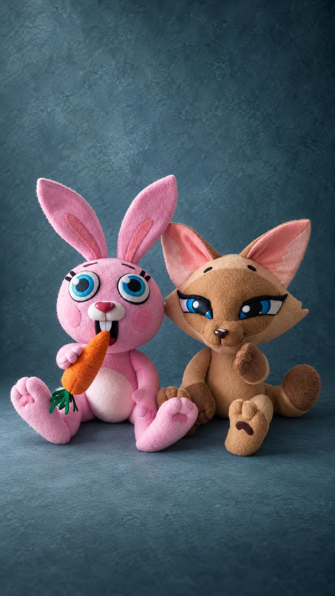 Handmade bunny and fox plush sitting side by side, sewn to order from two messenger stickers