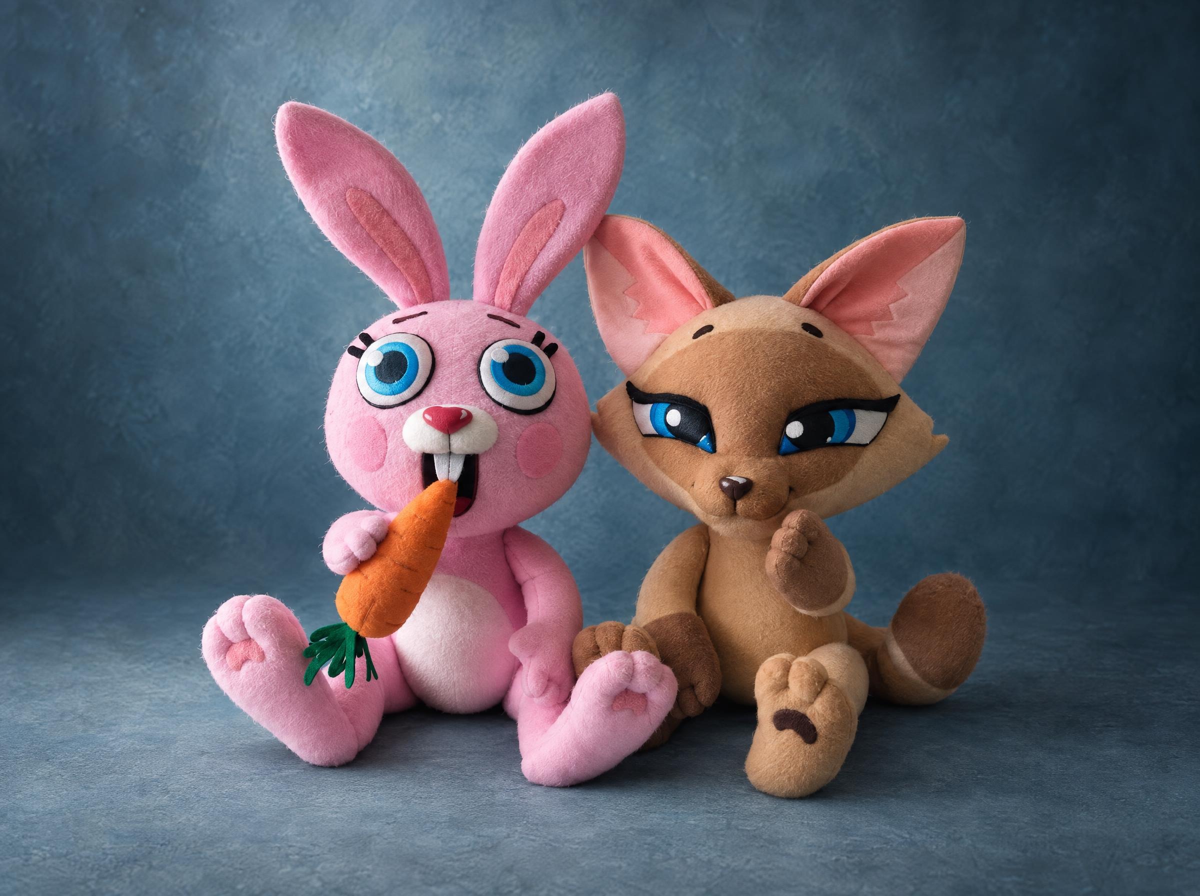 Bunny and fox plush pair: pink bunny with a plush carrot and a tan fox, custom made to order from chat stickers