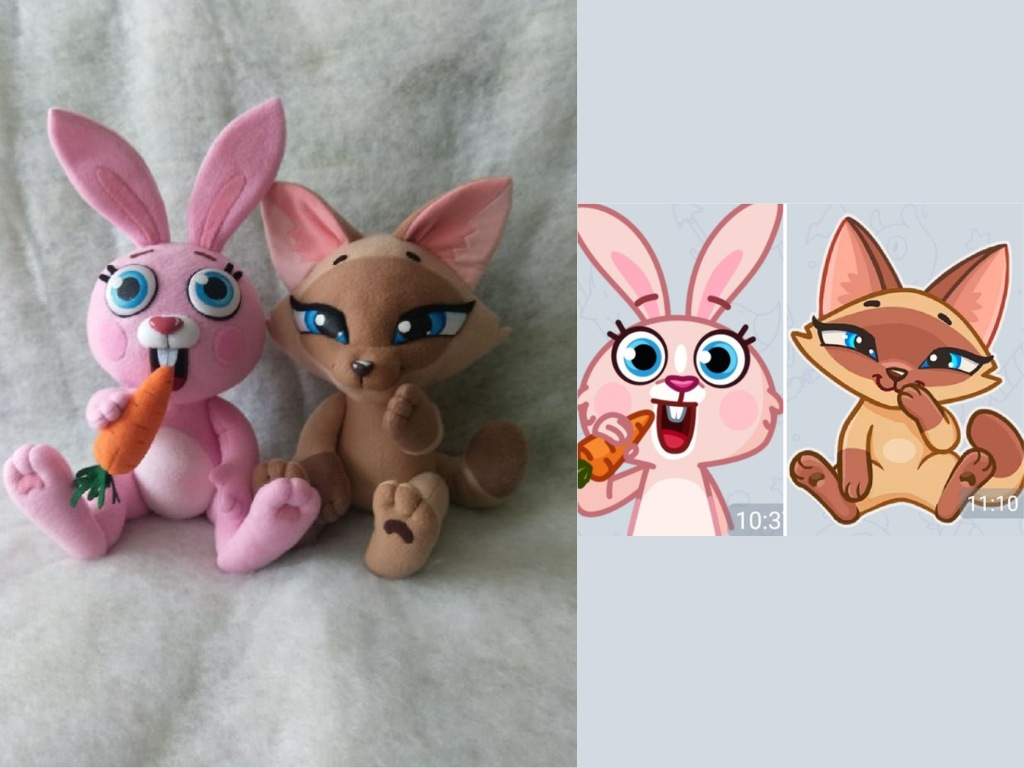 Bunny and fox plush next to the stickers Bunny and fox plush beside the two chat stickers they were sewn from, custom made to order