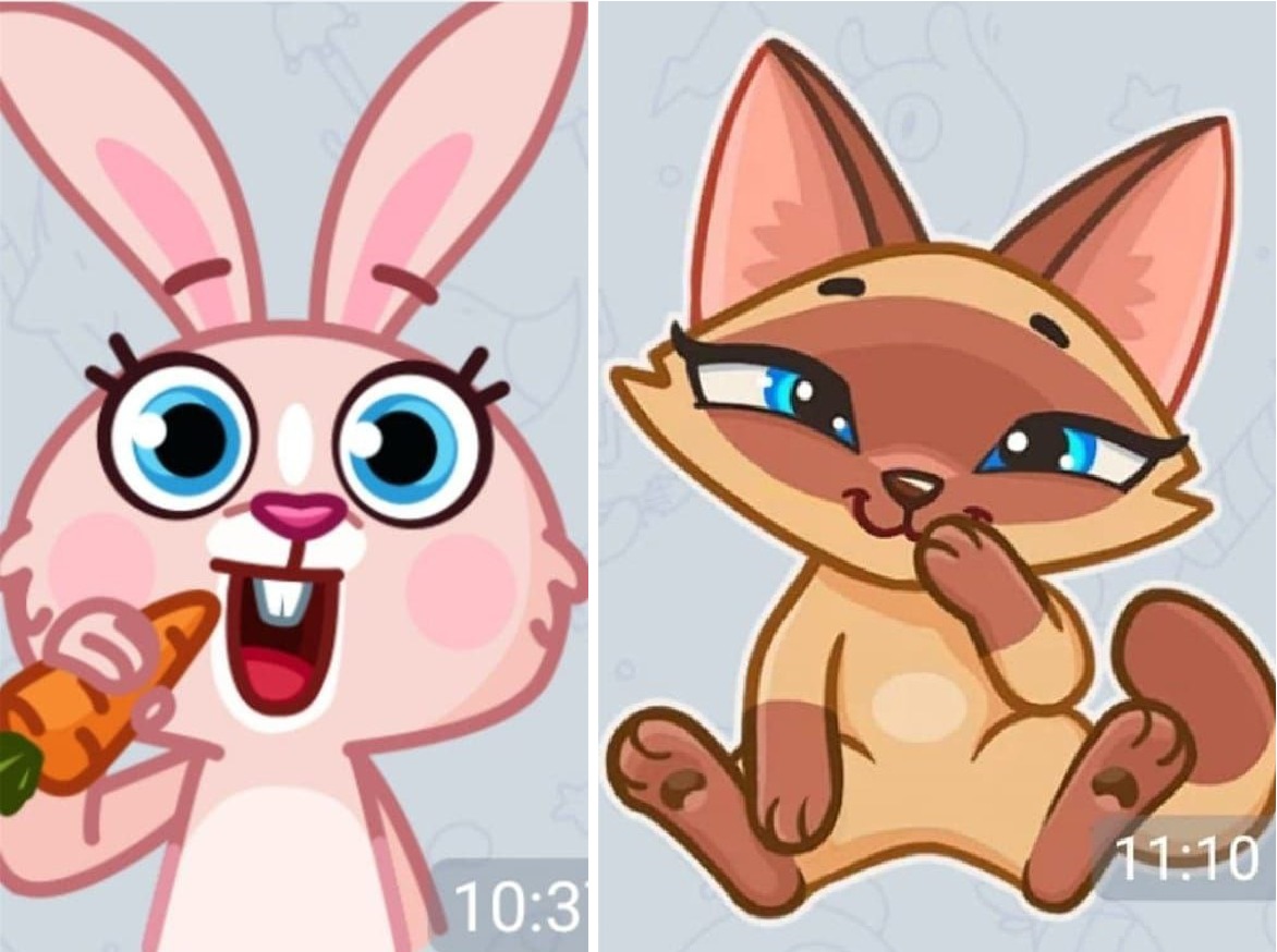 Bunny and fox stickers, customer reference Reference stickers the customer sent: pink bunny with a carrot and a tan fox, the art for this plush pair