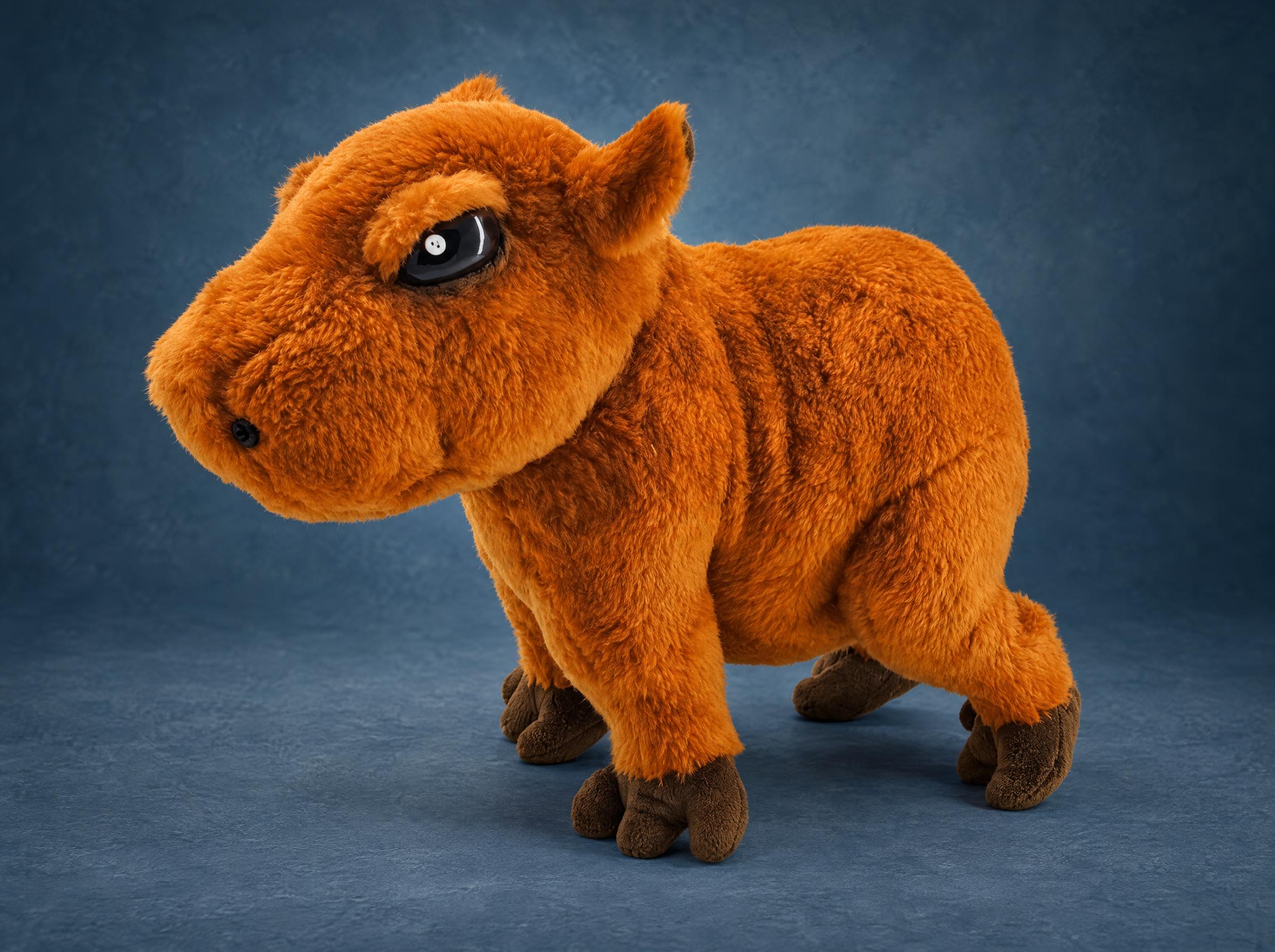 Realistic capybara plush in shaggy ginger-brown plush with dark toes and sleepy eyes, handmade to order