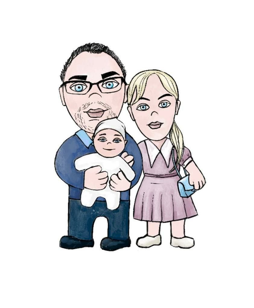 Cartoon family portrait used for the dolls Cartoon family portrait drawing the mom, dad and baby dolls were sewn from: dad in glasses, baby, mom in pink