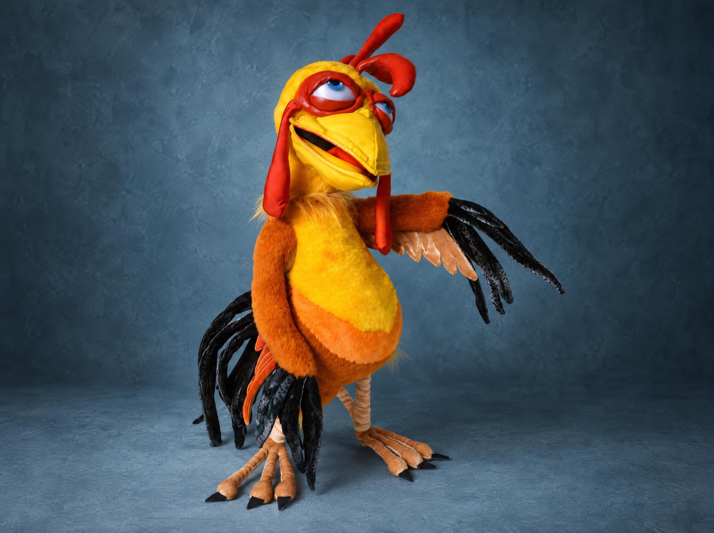 Cartoon rooster stuffed animal Cartoon rooster stuffed animal with red rings like glasses, a glossy yellow beak and black tail, made to order