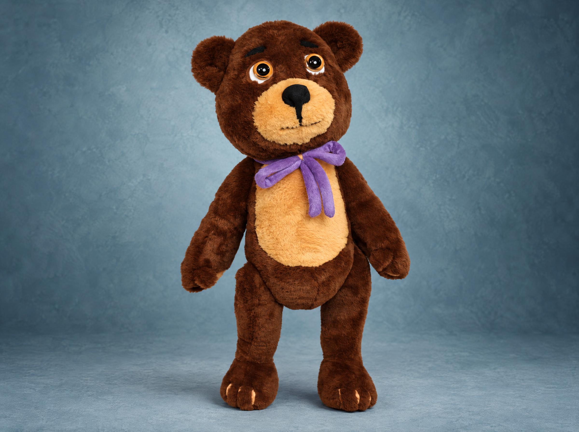 Cartoon teddy bear plush made to order: Sonya's bear from Little Tiaras, dark brown faux fur, purple bow