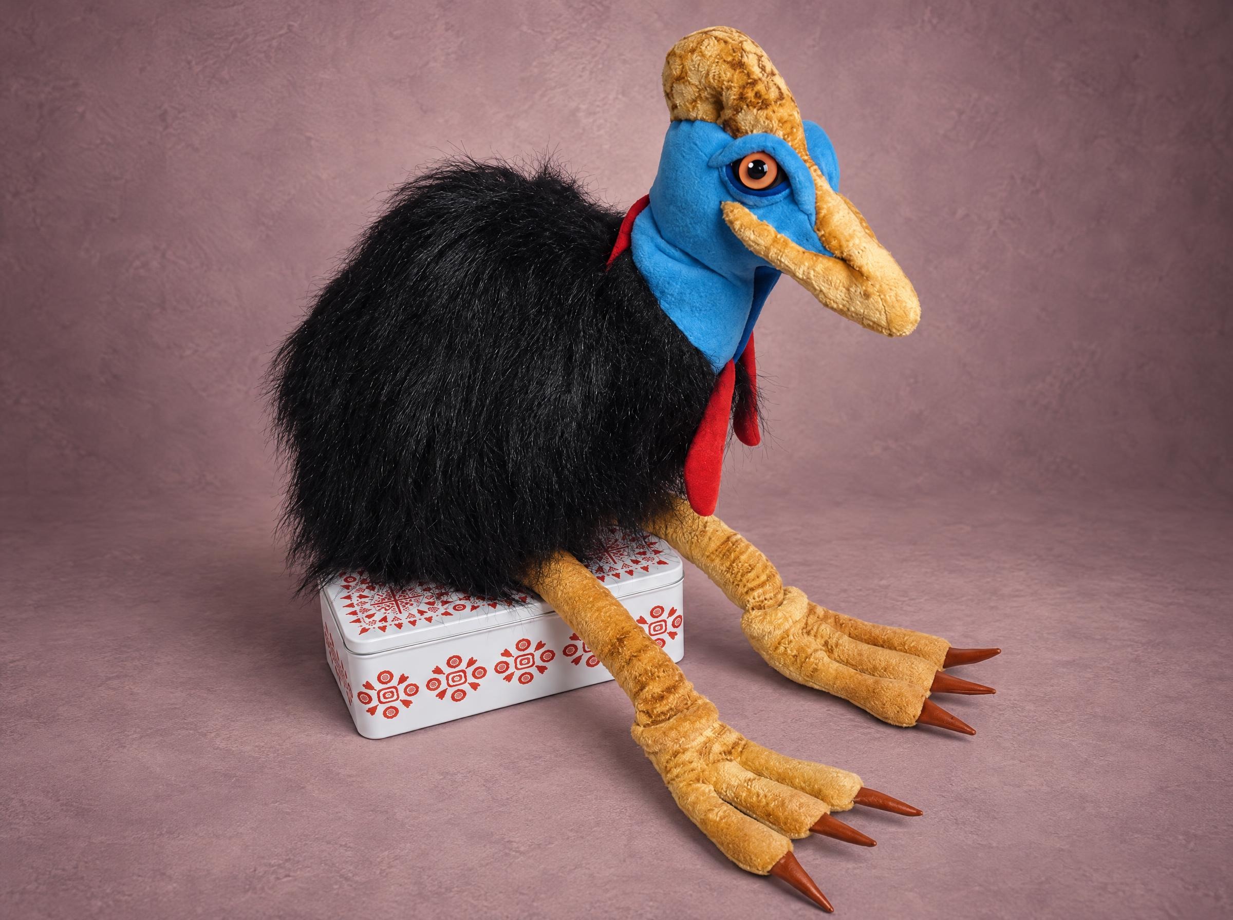 Cassowary plush in black shaggy faux fur with a blue head, golden casque and long clawed legs, made to order