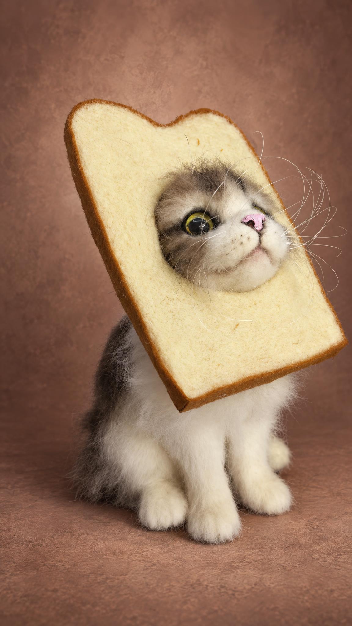 Realistic cat in bread plush with yellow-green eyes, pink nose and long whiskers, handmade meme kitten to order