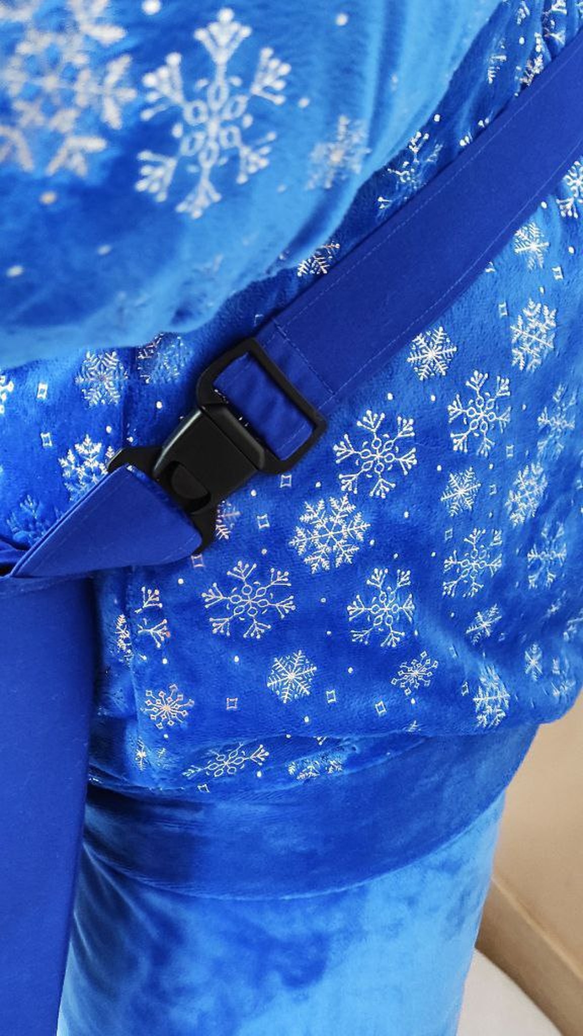 Cat mascot plush suit in blue velour with a silver snowflake print and a postbag strap, custom made to order