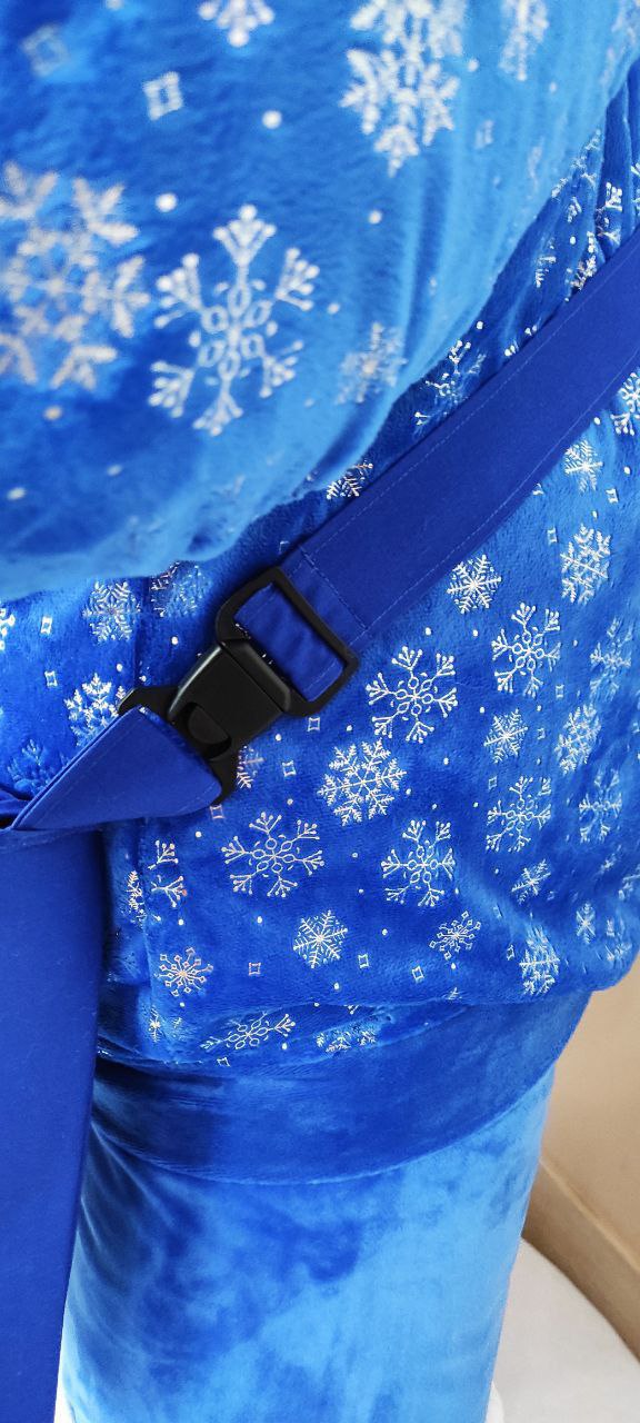 Blue snowflake velour of the cat mascot suit Cat mascot plush suit in blue velour with a silver snowflake print and a postbag strap, custom made to order
