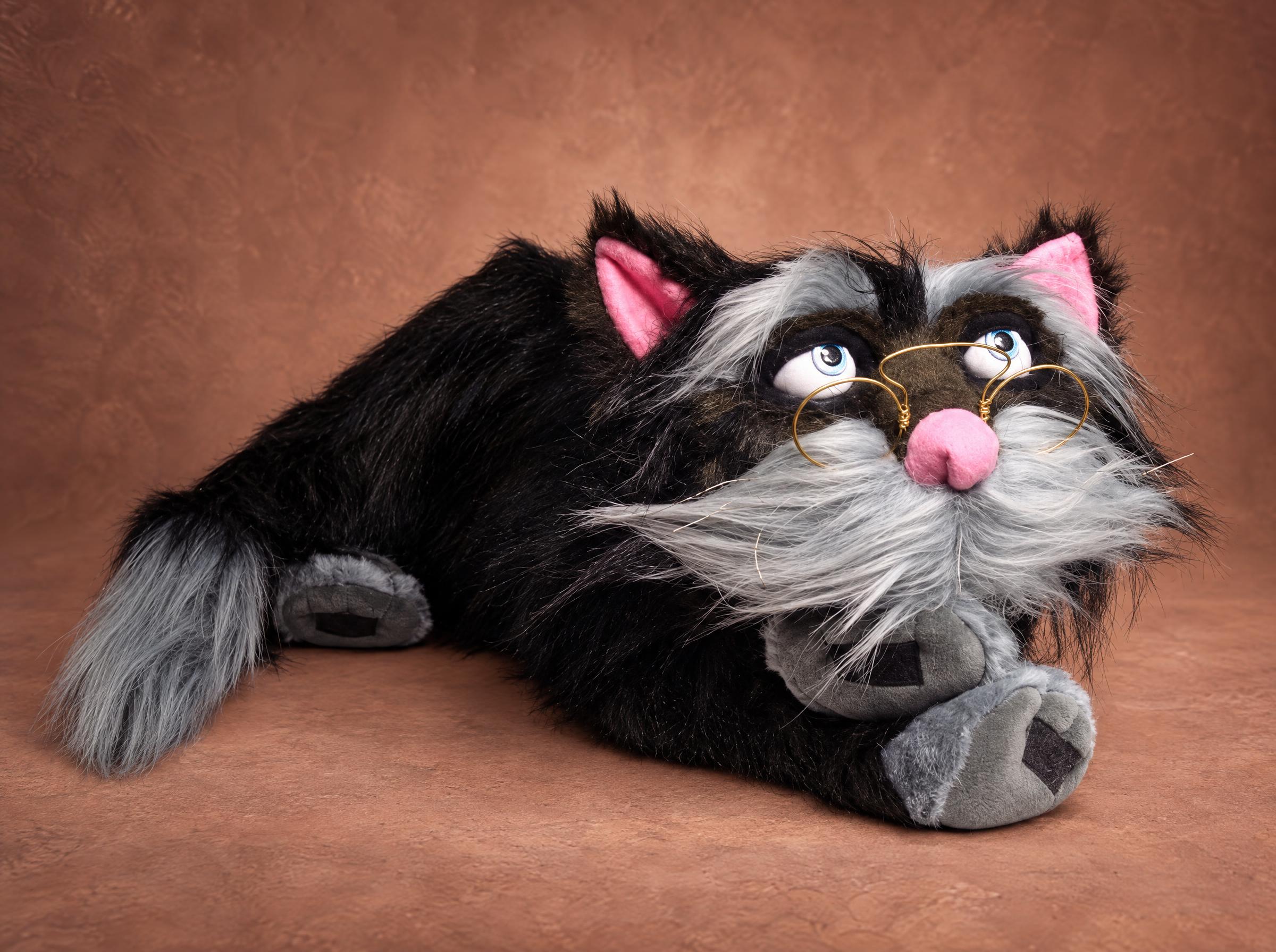 Cat with glasses plush of Pushkin's learned cat: black faux fur, grey beard, gold wire glasses, handmade to order
