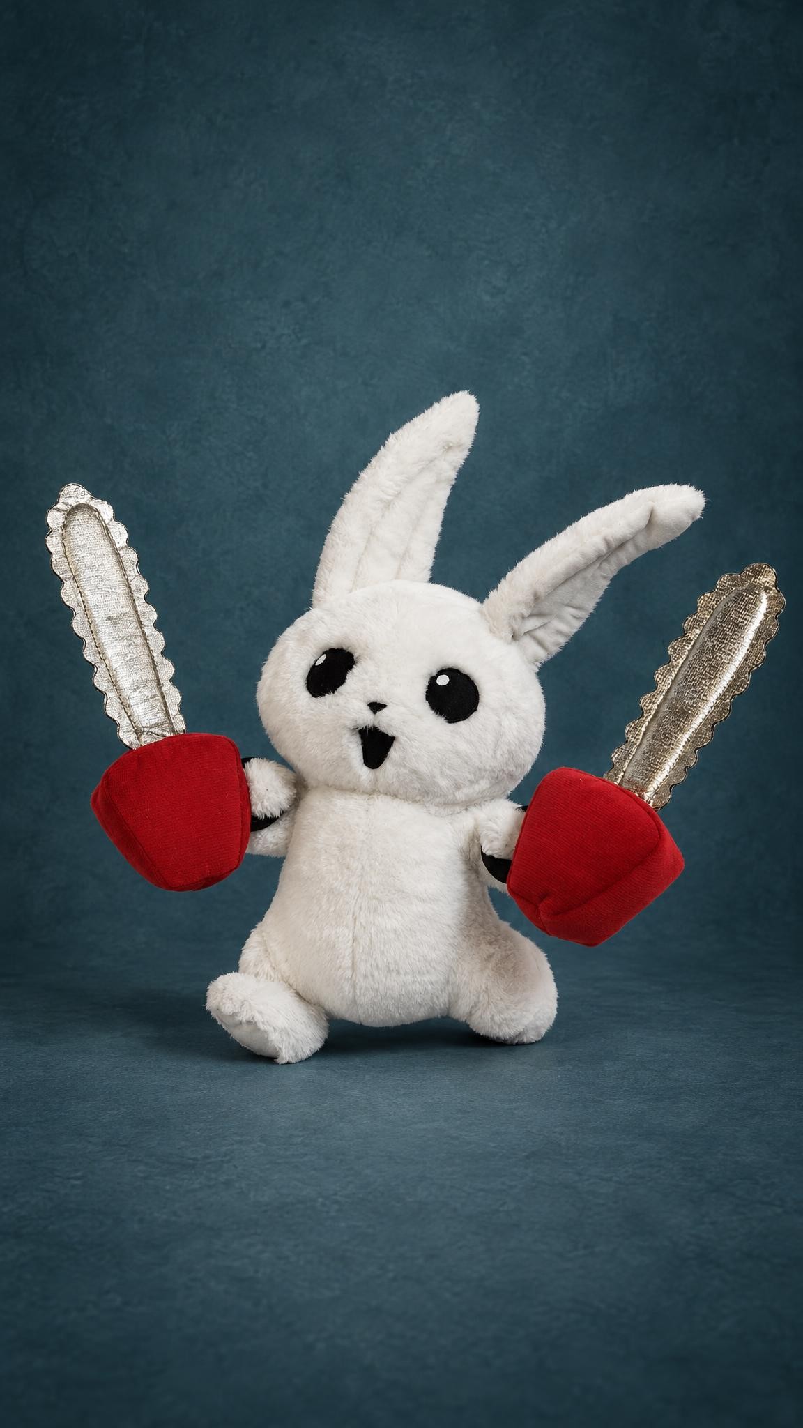 White bunny plush charging with two stuffed chainsaws, sewn by hand to order from a sticker picture