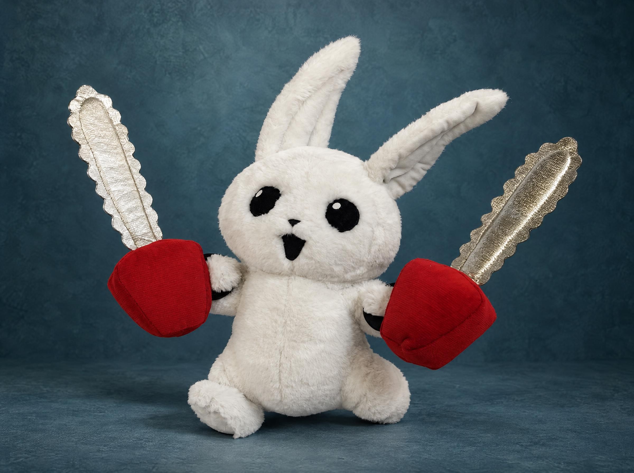 Chainsaw bunny plush in white faux fur with two soft red and silver saws, handmade to order from a sticker