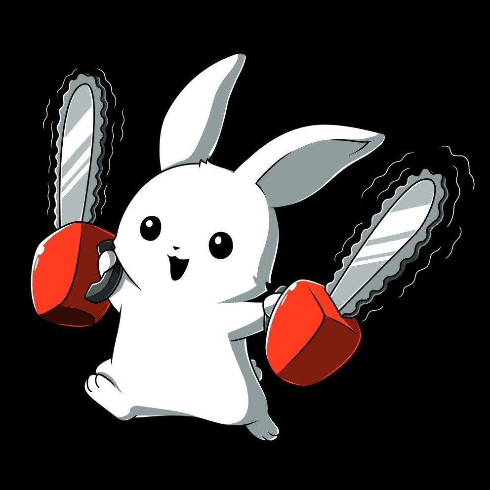 Chainsaw bunny sticker reference Sticker art of a white bunny with two chainsaws, the reference the customer sent for this custom plush