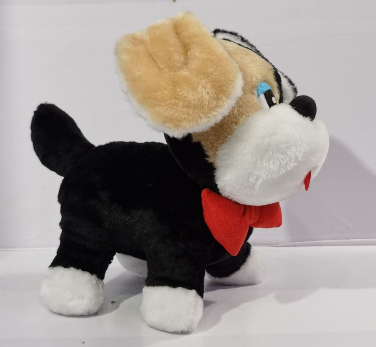 Childhood puppy replica with a short black tail Handmade childhood puppy replica with a short black tail, white paws and red bow tie, made to order