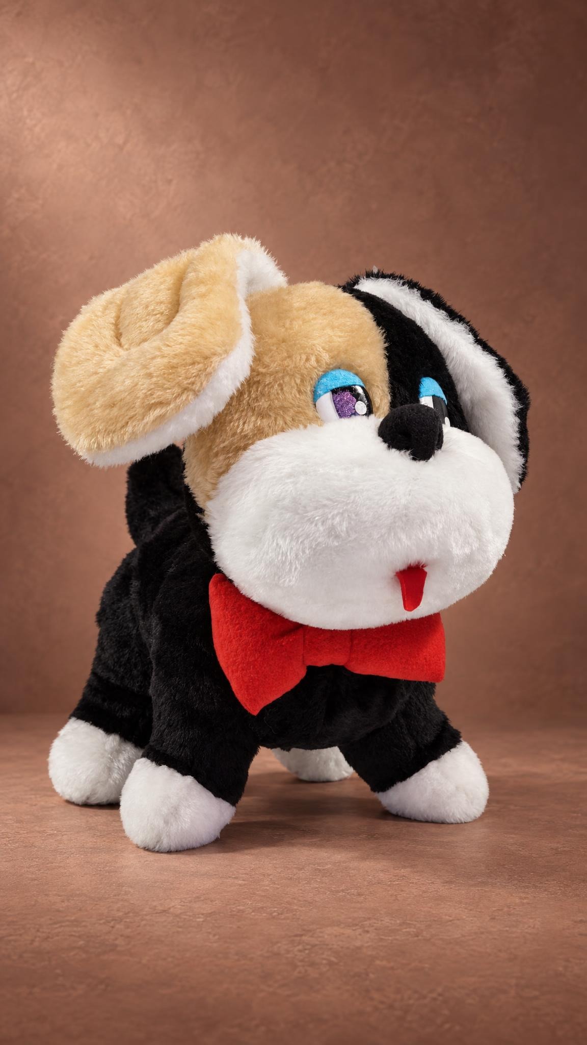 Recreated childhood stuffed animal: black puppy plush with white paws and red bow, handmade to order
