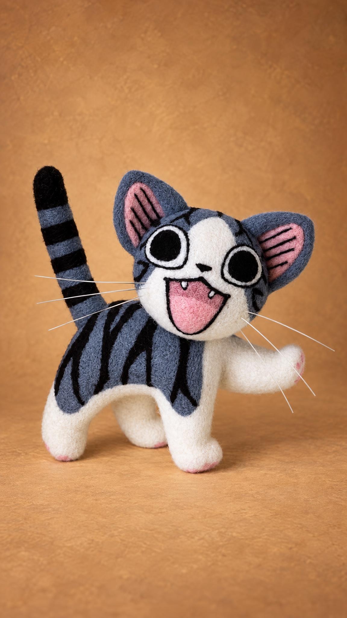 Handmade Chi kitten in felted wool with pink ears, two tiny fangs and a striped tail held high, felted to order