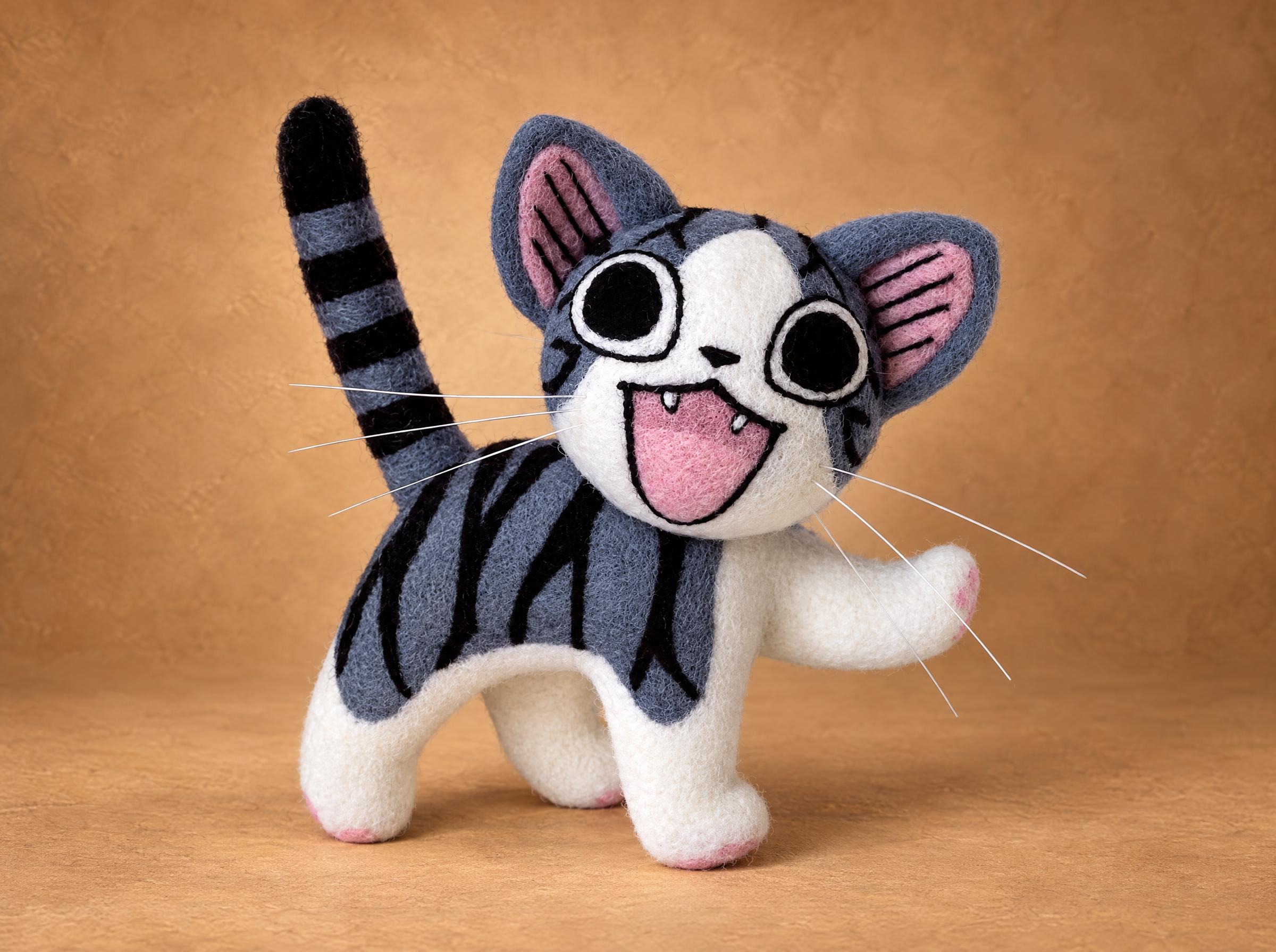 Custom Chi’s Sweet Home plush, needle felted Needle felted Chi from Chi's Sweet Home, grey tabby kitten with huge round eyes and a laughing mouth, made to order
