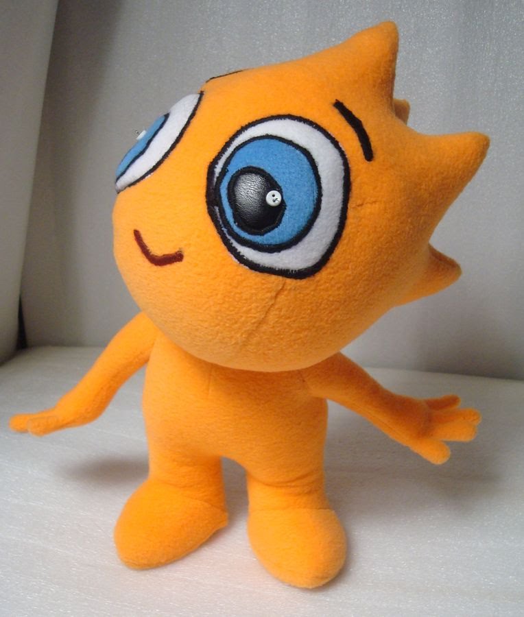 Company mascot plush with big blue eyes Company mascot plush from a cartoon: orange custom plush with big blue eyes and open arms, handmade to order