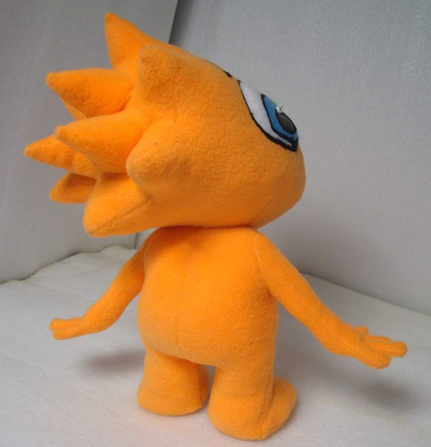 Cartoon mascot plush with nine cone spikes of hair Cartoon mascot plush from behind: nine orange cone spikes of hair on the custom plush head, made to order