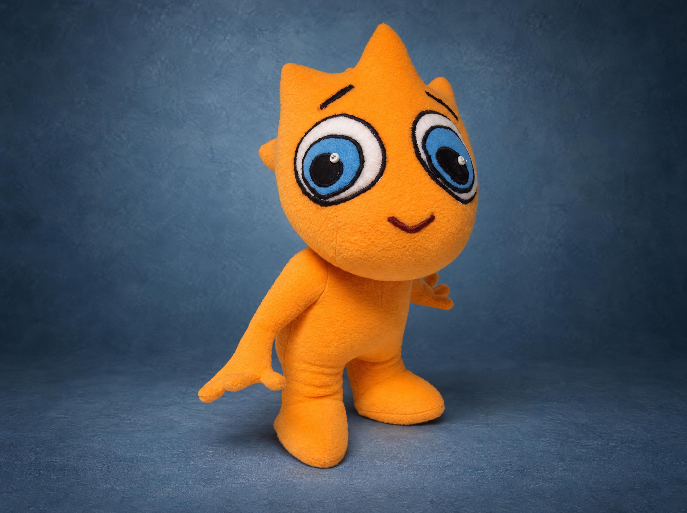 Company mascot plush from a cartoon hero: orange plush with big blue eyes and spiky hair, handmade to order