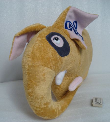 Corporate elephant plush with an embroidered logo, made to order Corporate elephant plush pillow, company logo embroidered on the pink ear, white tusk, handmade to order