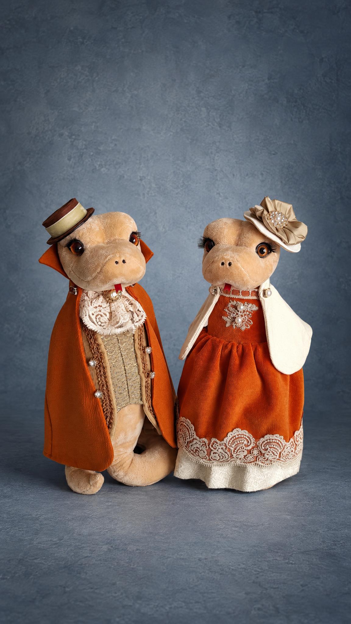 Year of the Snake plush pair in velvet cape and lace dress, custom corporate New Year gift sewn by hand