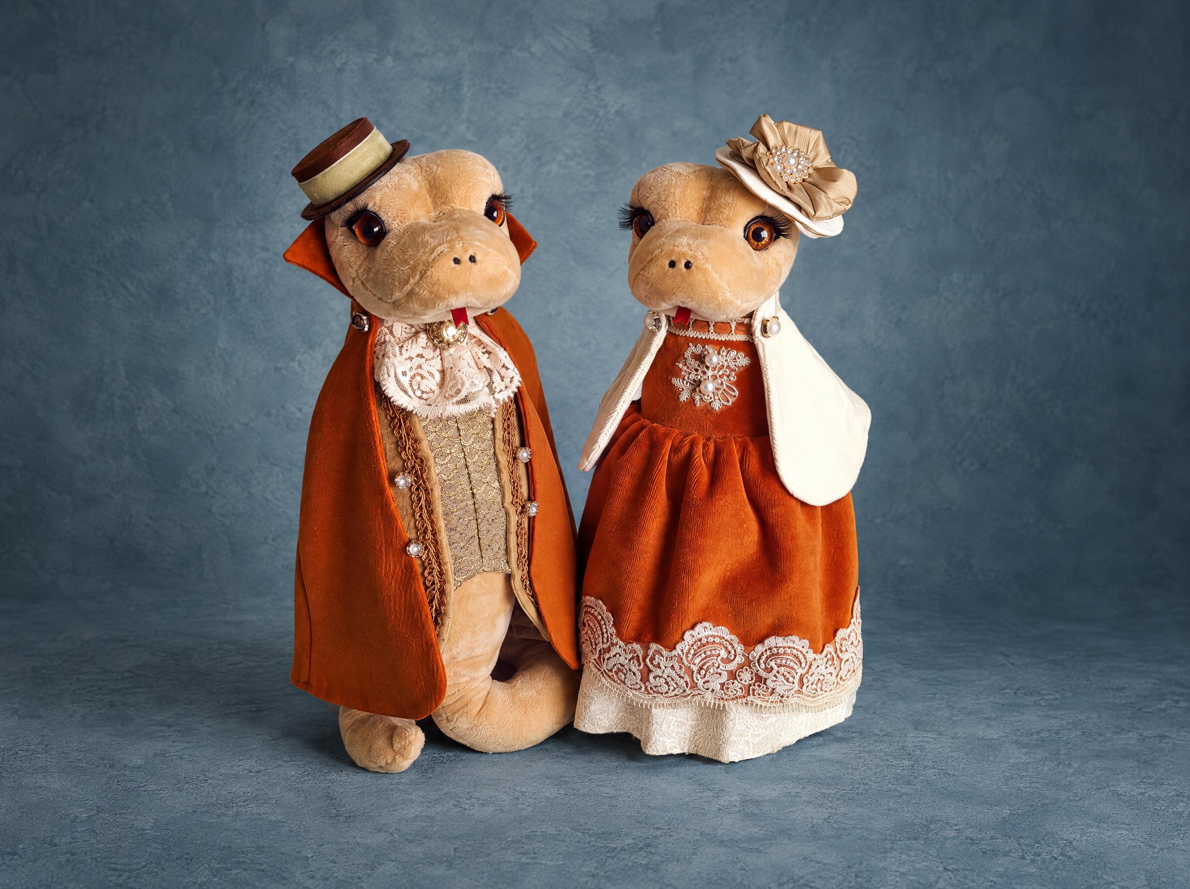 Corporate plush toys: snake lady and gentleman in orange velvet and lace, handmade to order as a New Year gift