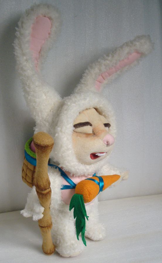 Cottontail Teemo plush with basket Cottontail Teemo plush with a woven basket on his back and a bamboo-look blowgun, custom League of Legends toy