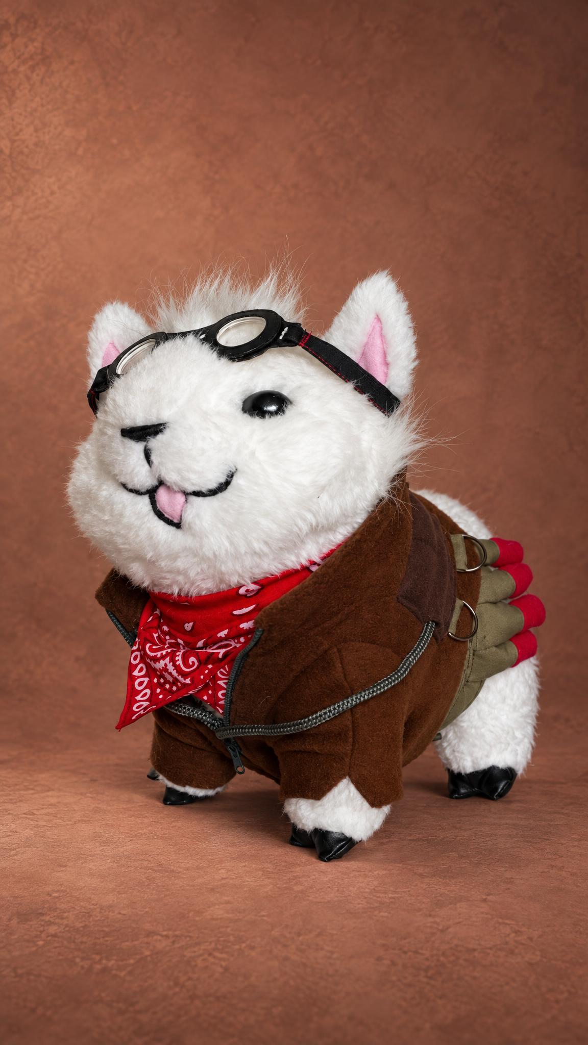Custom alpaca plush sewn to order, white and fluffy, with pilot goggles, a red bandana and a shell pouch