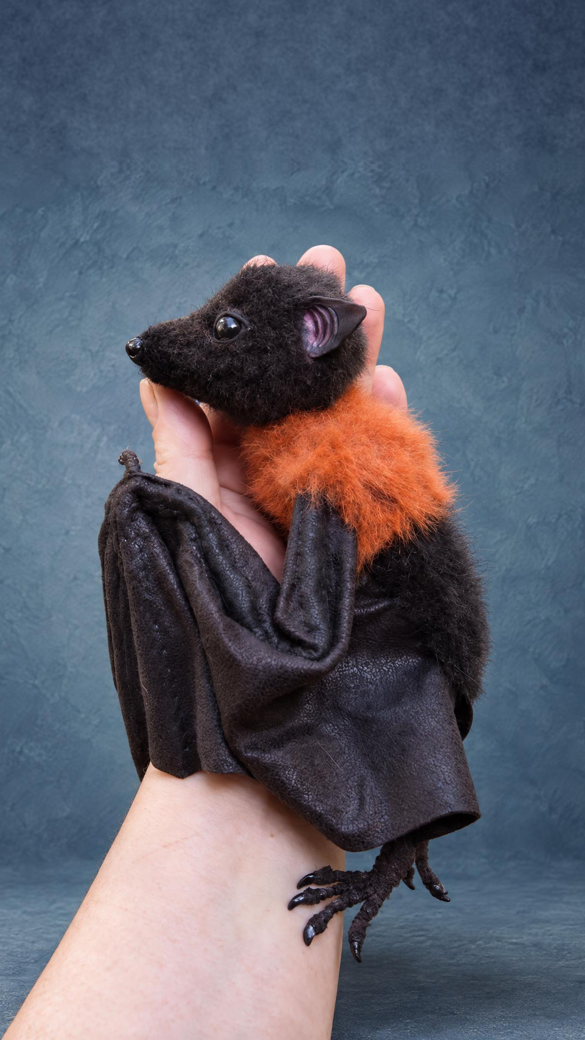 Realistic bat plush with a fox-like snout, pink inner ears and folded leather-look wings, handmade to order