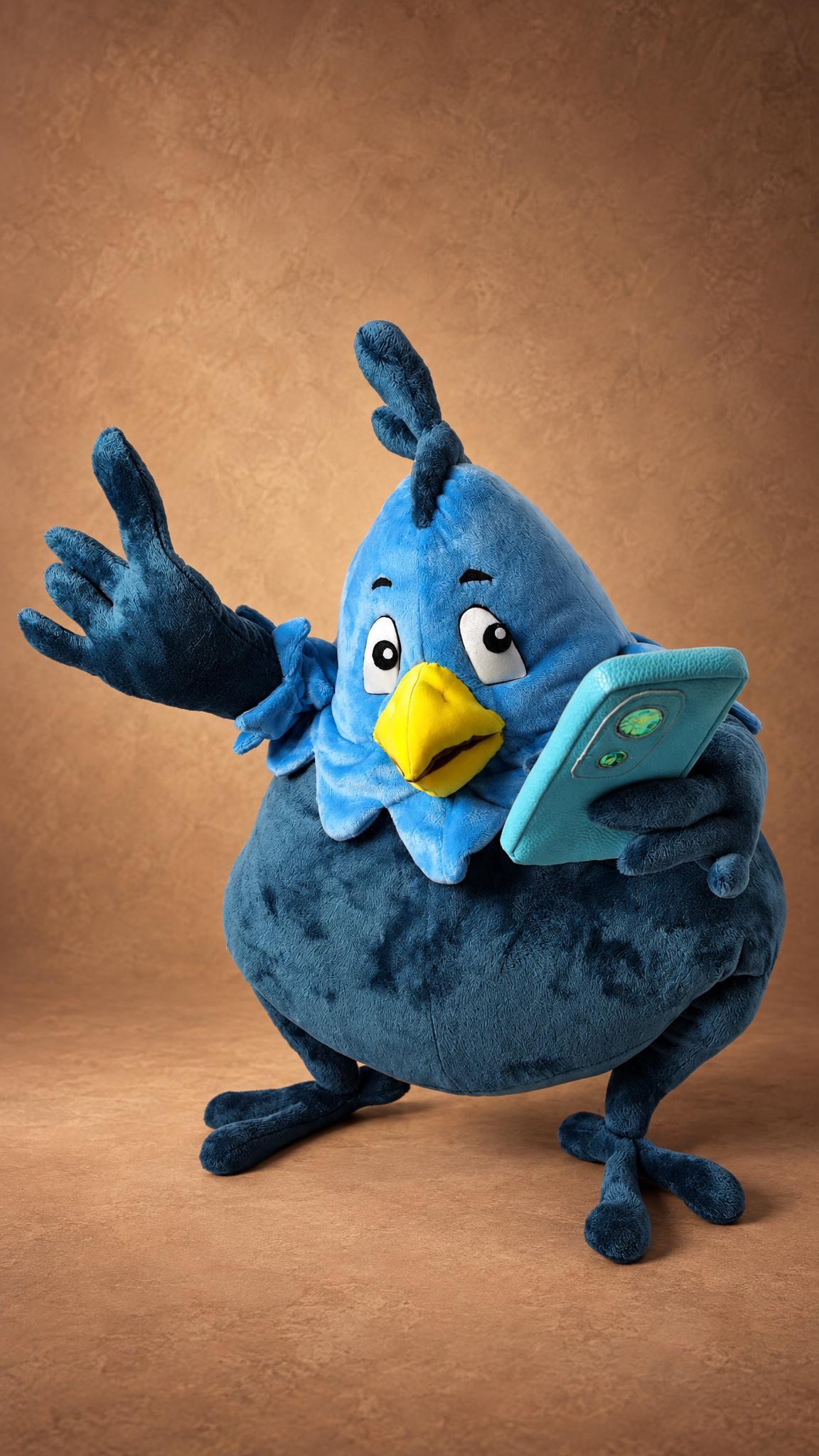 Blue phoenix mascot plush with a yellow beak, feathered wings and a phone, custom bird plush made to order