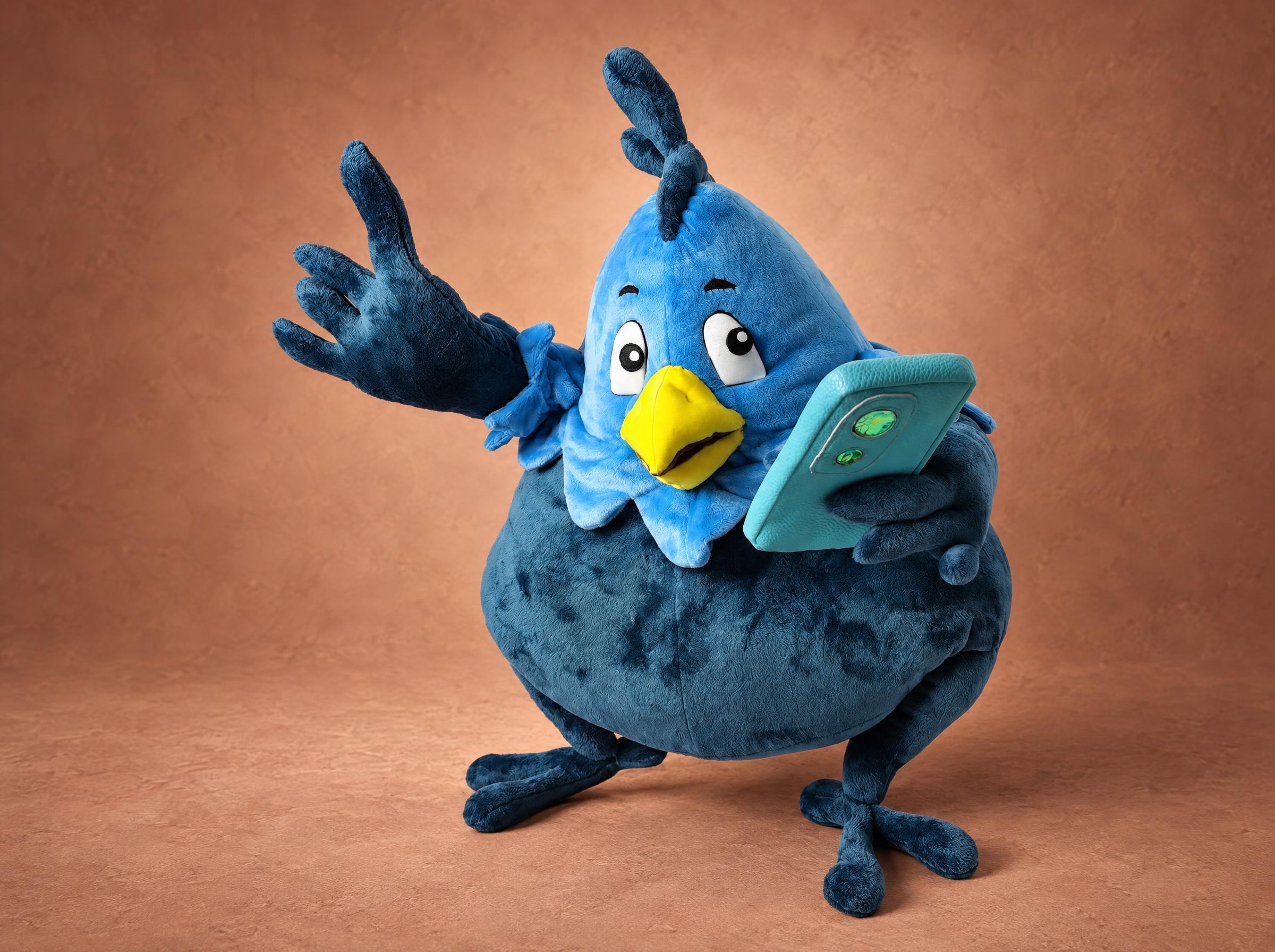 Custom bird plush of a blue phoenix mascot waving and holding a turquoise phone, handmade to order