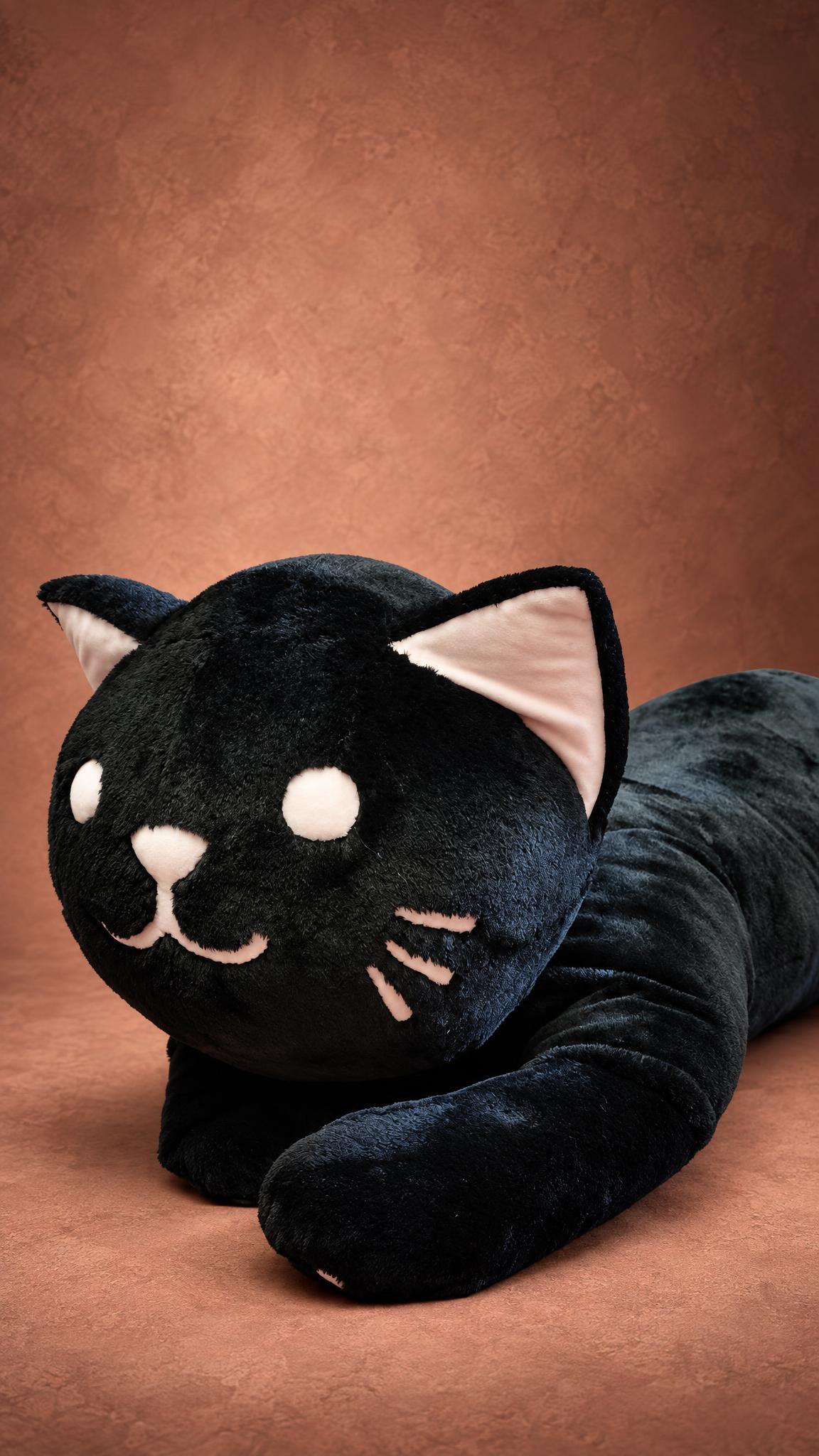 Custom black cat plush pillow made to order, round head with pink ear linings, white eyes and pink whiskers