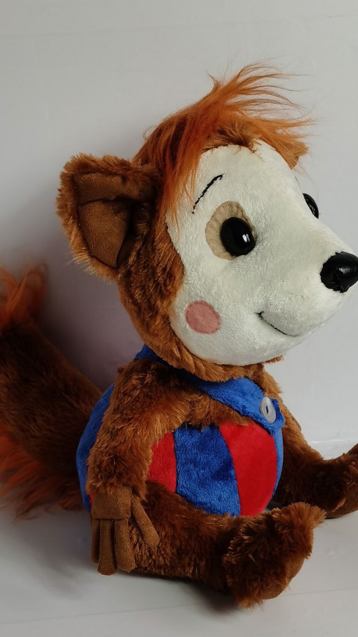 Custom book character plush of Bobo the dormouse, handmade: white button, red and blue romper, long fingers