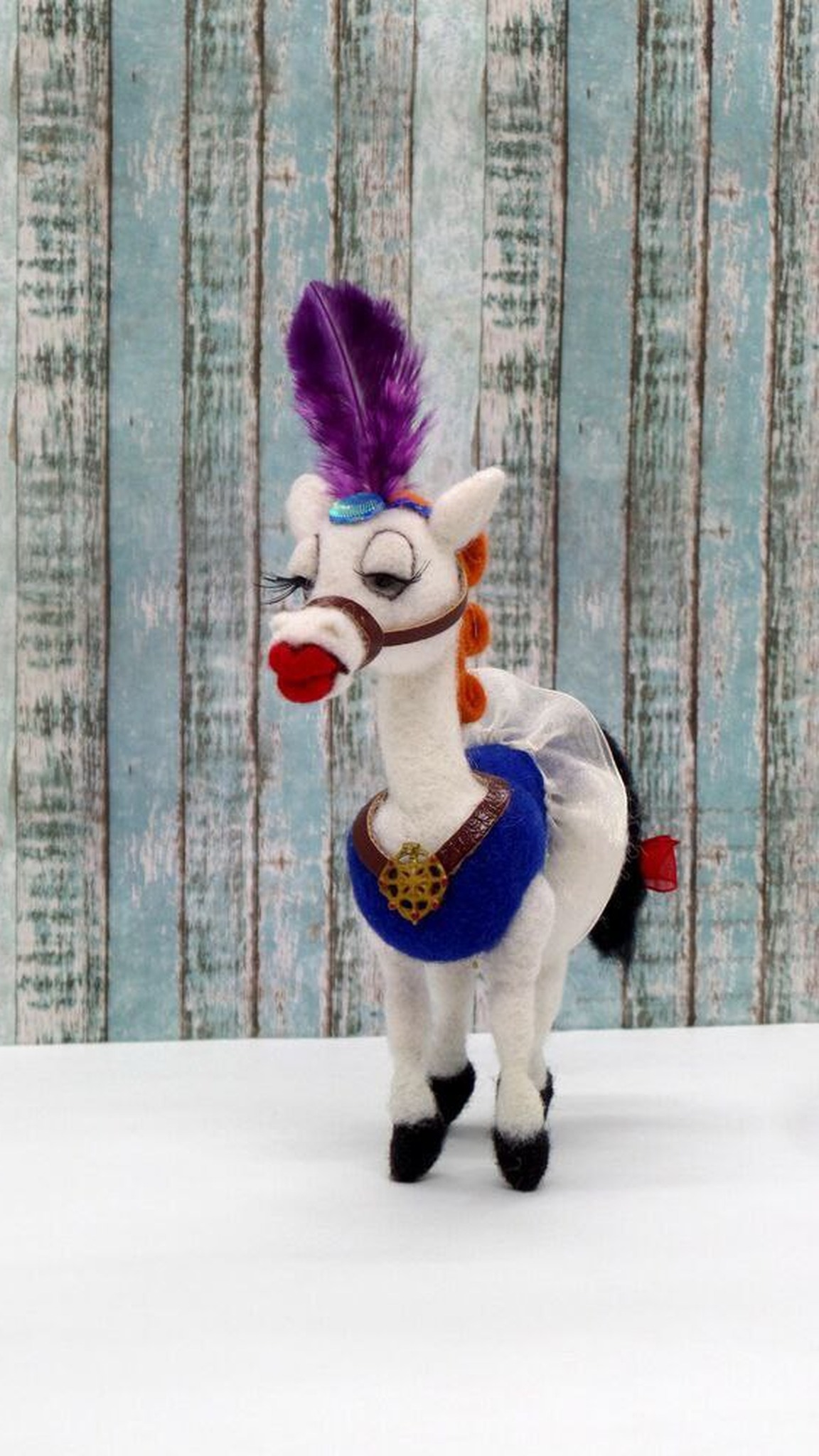 Custom cartoon horse plush Angela, handmade to order: red lips, purple plume and a gold medallion on blue