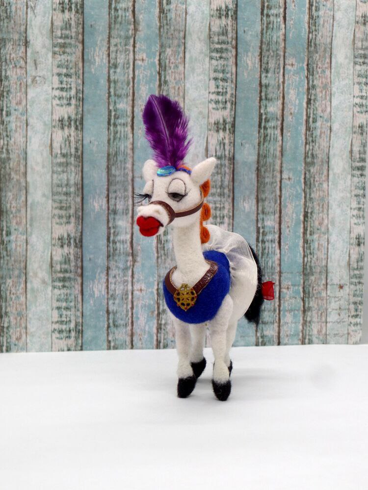 Custom cartoon horse plush Angela Custom cartoon horse plush Angela, handmade to order: red lips, purple plume and a gold medallion on blue
