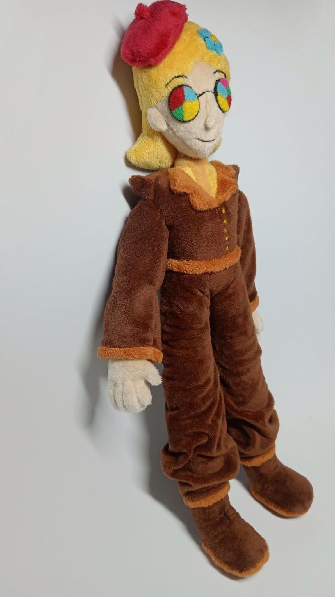 Custom character plush doll from a drawing, made to order: brown suit, yellow buttons, orange collar