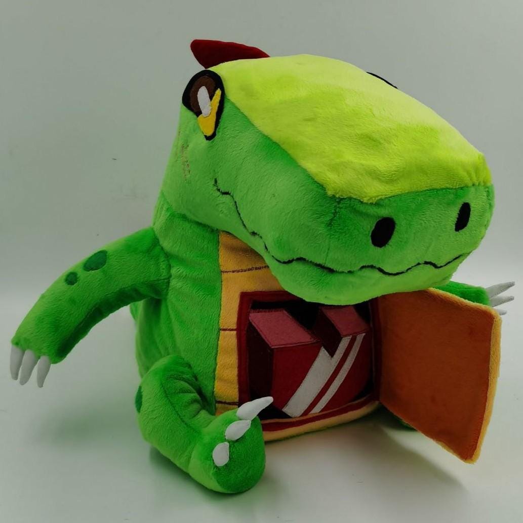 Custom dinosaur plush, heart door open Custom dinosaur plush with its belly door open and a red heart with white stripes inside, sewn by hand