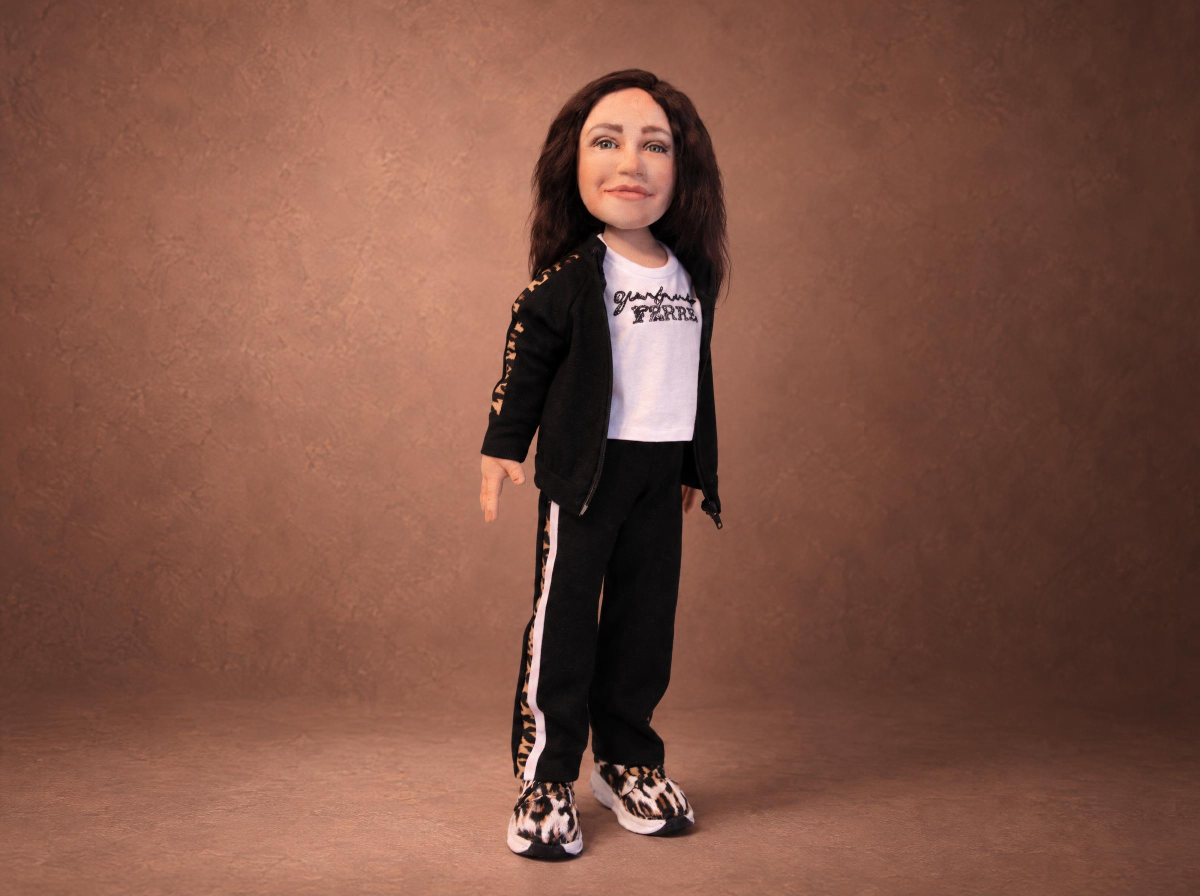 Custom doll from photo, made to order: painted face, long dark hair, black tracksuit, leopard sneakers