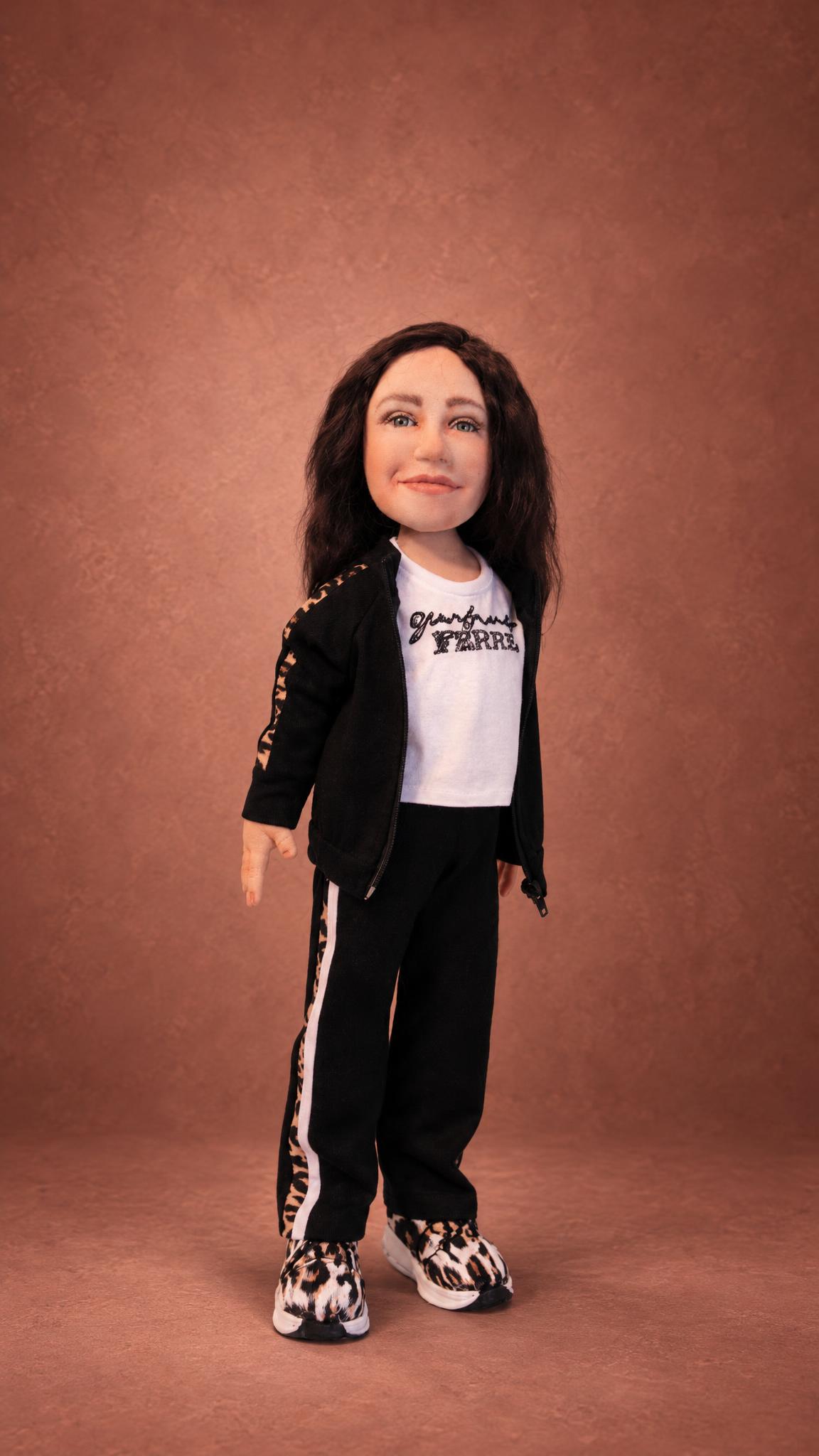 Portrait doll sewn to order from photos: green painted eyes, leopard-striped track pants and sneakers